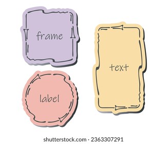 Doodle border Set. Hand drawn arrow paint brush wave line strokes, pastel colors. Square, rectangle, circle geometric shapes. Stylish cartoon design. Empty frame for text space. Vector illustration