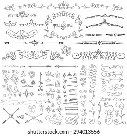 Doodle border,swirling dividers,arrow,hearts,frame,crown,love decor,flourish element set.For design templates,invitations.Hand drawing style.Wedding,Valentines day,holidays,baby design,birthday.Vector