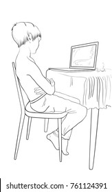 Doodle -bored boy sitting on laptop computer, playing and snacking, vector silhouette isolated sketch  in line, abnormal  posture - scoliosis