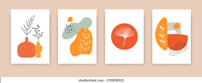 Doodle botanische abstrakte Hintergründe. Set von trendigen handgezeichnet Form modernen Pflanzenelementen pastellfarben isolierten Hintergrund. Minimale Design-Plakate für Dekoration, Vektorillustration