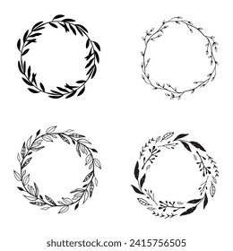 Doodle botanical circle frame. Hand-drawn round line border, leaves and flowers, wedding invitation and cards, logo design, and poster template