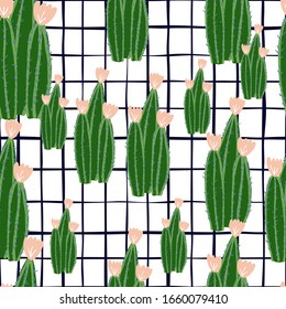 Doodle botanical exotic background. Blossom cactus seamless pattern. Green cacti wallpaper. Design for fabric, textile print, wrapping paper, kitchen textiles. Creative vector illustration