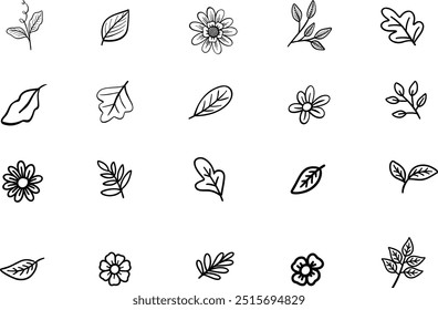 Desenhar a arte da linha botânica. Folhas e flores esboçam ornamental. Folhagem, Floral mão desenhada ilustração vetor, convite de casamento e cartões, design de logotipo e cartazes modelo.