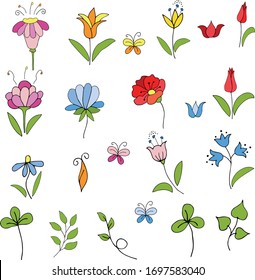 Doodle botanical outlines for creating your bouquet design. Vector hand-drawing for easy creativity. Create a card easily and simply by painting in the desired color. Vector hand draw illustration EPS