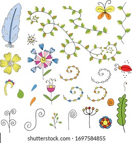 Doodle botanical outlines for creating your bouquet design. Vector hand-drawing for easy creativity. Create a card easily and simply by painting in the desired color.Vector hand draw illustration EPS1