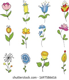 Dibujos botánicos Doodle para crear su diseño de ramo. Dibujo manual vectorial para una creatividad fácil. Crea una carta fácil y simplemente pintando en el color deseado. EPS en la ilustración de dibujo de la mano del vector
