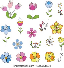 Doodle botanical outlines for creating your bouquet design. Vector hand-drawing for easy creativity. Create a card easily and simply by painting in the desired color. Vector hand draw illustration EPS