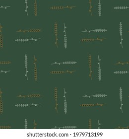 Patrón sin fisuras Doodle botany en estilo geométrico con simple adorno de lavanda. Fondo verde. Perfecto para el diseño de tela, impresión textil, envoltura, cubierta. Ilustración vectorial.