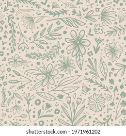 Doodle botany vector elements seamless repeat pattern. Different hand drawn floral illustrations like flowers, leaves, dots, hearts, branches, berries all over surface pattern.