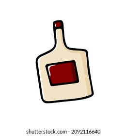 Botella de Doodle. Matraz de color aislado sobre fondo blanco. utensilios de cocina beige hechos a mano, utensilios de cocina para bebidas, platos para bebidas, alcohol, aceite. Símbolo de vino lindo. Barra de vectores, ilustración del restaurante