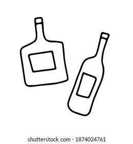 Icono de botella dibujado a mano con Doodle. Esbozo de contorno aislado en fondo blanco. utensilios de cocina hechos a mano, utensilios de cocina para bebidas, platos para bebidas, alcohol, aceite. Símbolo de vino. Barra de vectores, signo de restaurante