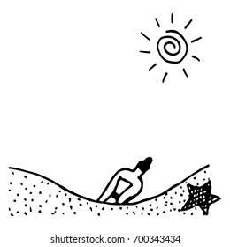 Doodle bottle with a note. A bottle with a message on the sand. vector illustration.