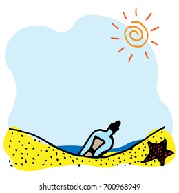Doodle bottle with a note. A bottle with a message on the sand. vector illustration.