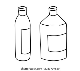 Juego de botellas de doodle. Esbozo negro aislado en un fondo blanco. Frascos con tapas cerradas y etiquetas en blanco. Formas redondeadas. Vector.
