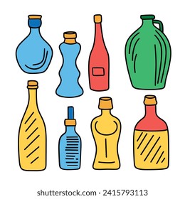 Doodle bottles collection isolated on white background. Colored outline bottles set. Hand drawn vector art.