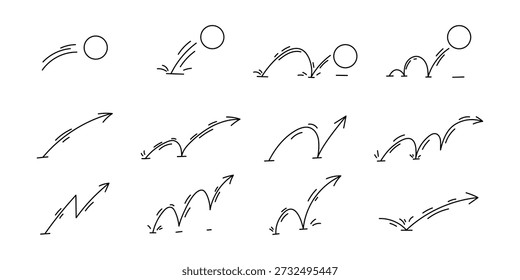 Doodle bounce arrows and ball motion symbols in vector style