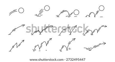 Doodle bounce arrows and ball motion symbols in vector style