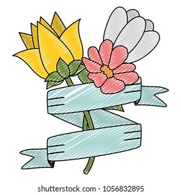 doodle bouque flowers with nature petals and ribbon