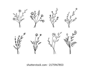 Doodle bouquet with hand-drawn flower leaves floral  line art