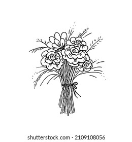 Doodle bouquet with peonies,hand drawn flowers.Romantic bunch,gift to holiday.Simple floral sketch, drawing, still life.Botanical illustration.Isolated.Vector