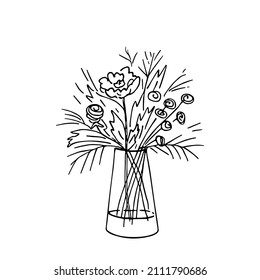 Doodle bouquet with roses and peonies,hand drawn flowers.Romantic bunch,gift to holiday.Simple floral sketch, drawing, still life.Botanical illustration.Isolated.Vector illustration