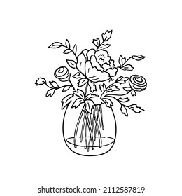 Doodle bouquet with roses and peonies,hand drawn flowers.Romantic bunch,gift to holiday.Simple floral sketch, drawing, still life.Botanical illustration.Isolated.Vector illustration