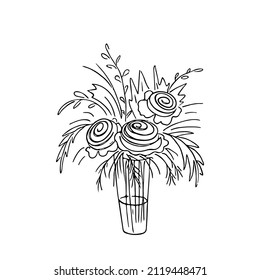 Doodle bouquet with roses and peonies,hand drawn flowers.Romantic bunch,gift to holiday.Simple floral sketch, drawing, still life.Botanical illustration.Isolated.Vector