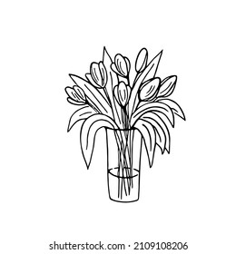 Doodle bouquet with tulips,hand drawn flowers.Bunch in vase, romantic gift to holiday.Simple floral sketch, drawing, still life.Botanical illustration.Isolated.Vector