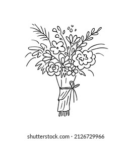 Doodle bouquet,hand drawn flowers.Romantic bunch,gift to holiday.Simple floral sketch, drawing, still life.Botanical illustration.Isolated.Vector