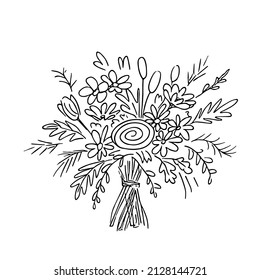 Doodle bouquet,hand drawn flowers.Romantic bunch,gift to holiday.Simple floral sketch, drawing, still life.Botanical illustration.Isolated.Vector illustration