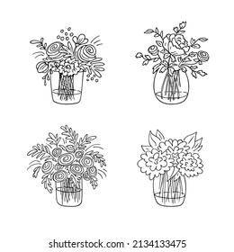Doodle bouquets set,hand drawn flowers.Floral sketch, drawing, still life.Romantic bunches,gift to holiday.Botanical illustration.Isolated.Vector illustration