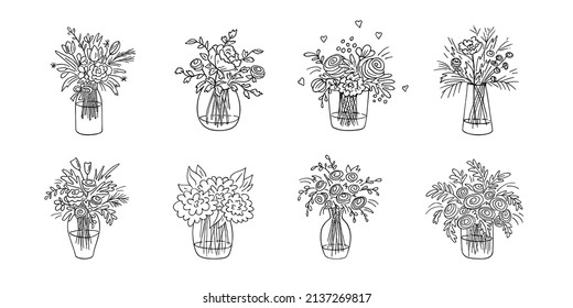 Doodle bouquets set,hand drawn flowers.Floral sketch, drawing, still life.Romantic bunches,gift to holiday.Botanical illustration. Vector