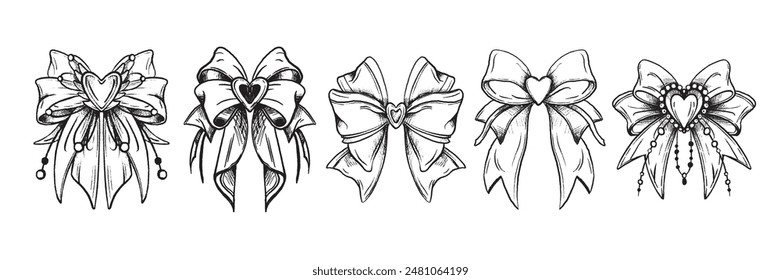 Conjunto de íconos de arco de garabato, colección de cinta, Vector dibujado a mano vintage lindo pelo femenino accesorio de decoración. Boceto romántico femenino del tatuaje, diseño de la historieta del bowknot de la línea. Doodle arco corazón festivo broche Clipart