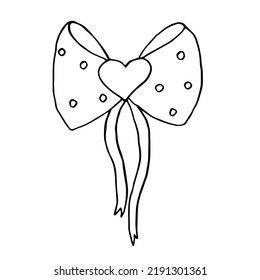 doodle bow outline vector graphics without background. Bow with a heart for girls. Hair decoration