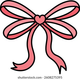doodle bow Pink ribbon. Colorful pink bow with heart design and flowing ribbons. in color line style