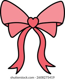 doodle bow Pink ribbon. Pink bow with heart detail and flowing ribbons. in color line style