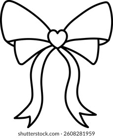 doodle bow Pink ribbon. Bow with heart shape in the center and flowing ribbons below. in thin line style