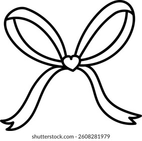doodle bow Pink ribbon. Ribbon with heart shape in the center in thin line style