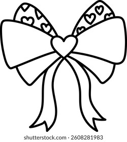 doodle bow Pink ribbon. Bow with heart patterns, ideal for decoration or crafts. in thin line style
