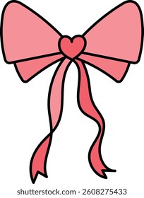 doodle bow Pink ribbon. Bow with heart-shaped center and flowing ribbons in pink tones. in color line style