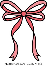 doodle bow Pink ribbon. Pink bow illustration with ribbons and a round center. in color line style