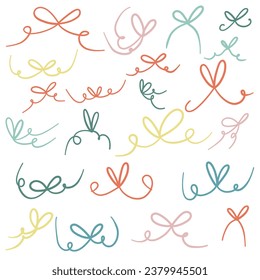 Doodle Bow Set. Color Ribbon collection. Cute graphic elements for Christmas, new year, birthday celebration design. Kids cozy hand drawn cartoon vector illustration isolated on white background