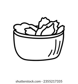 Doodle bowl illustration with vegetables inside it on isolated white background in vector. Bowl with food hand drawn icon