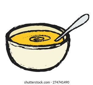 doodle bowl soup and spoon inside  vector illustration