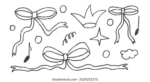 Doodle bows hand drawn set. Punk charcoal coquette ribbons doodle background. Scribble grunge crown and music note shapes. line sketch graffiti art. Vector sketchy illustration by pencil isolated.
