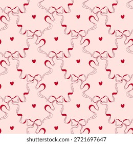 Doodle bows pattern. Seamless vintage pattern with hearts and drawn bows. Vector template for printing