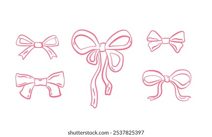 Doodle bows set. Various narrow ribbons. Gift element. Girlish accessories, isolated elements. Romantic women's hair outline bowknot. Vector illustration.