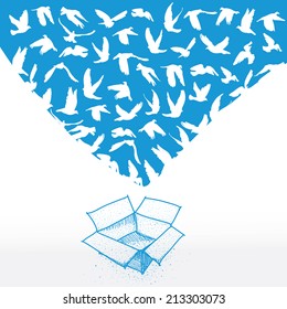 Doodle box, Sketch Flying dove for peace concept and wedding design. white on a blue background. Vector