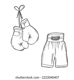 Doodle boxing gloves and shorts sketch. Black and white line illustration