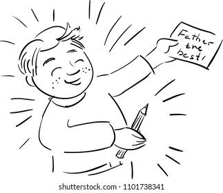 Doodle boy with card and pencil in hands